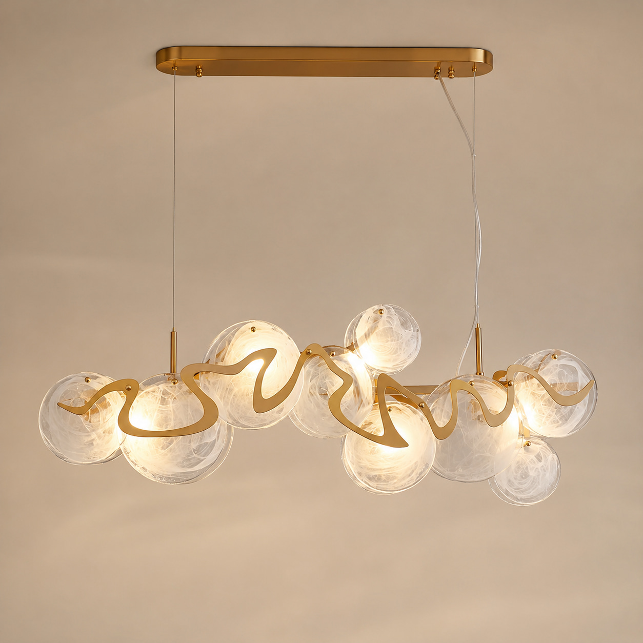 Linear Pendant with Wavy Brass & Cloud Glass Globes