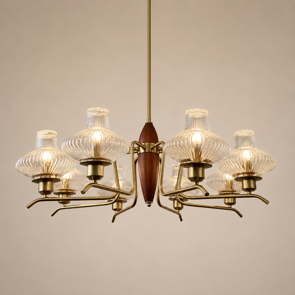 Walnut Brass Ribbed Glass Chandelier