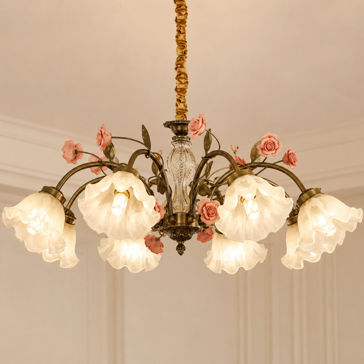 Vintage Brass Rose Floral Chandelier