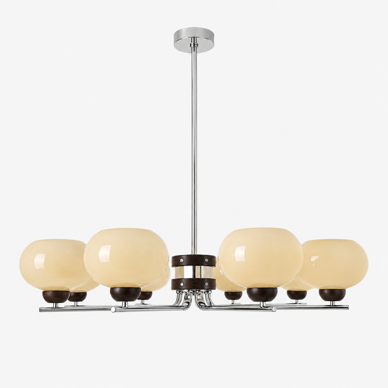 Walnut Chrome Milky Globe Chandelier