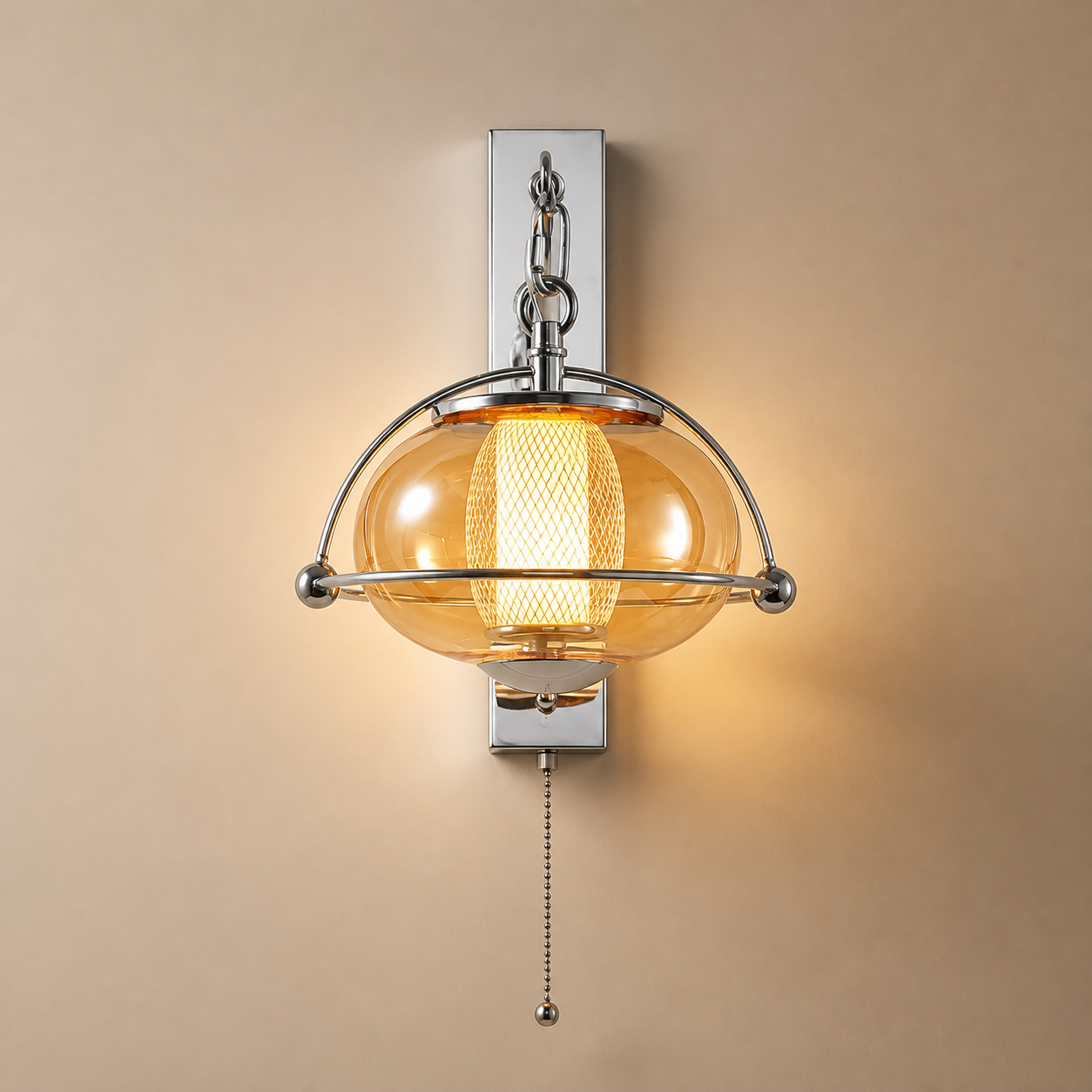 Chrome Amber Globe Pull Chain Wall Sconce