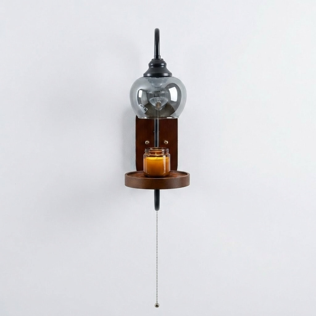Smoked Glass Wall Sconce with Wood Tray