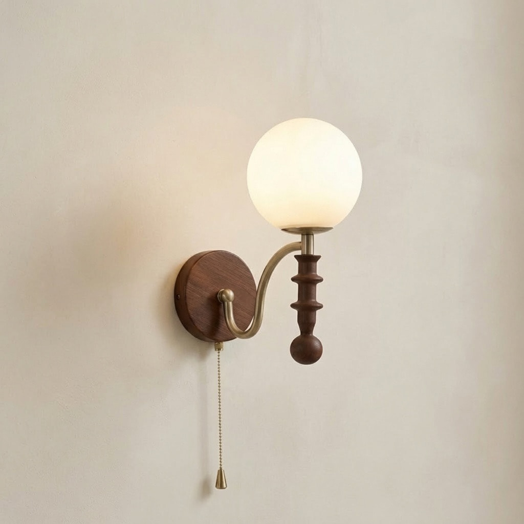Wood Bead Wall Sconce with Brass Arm