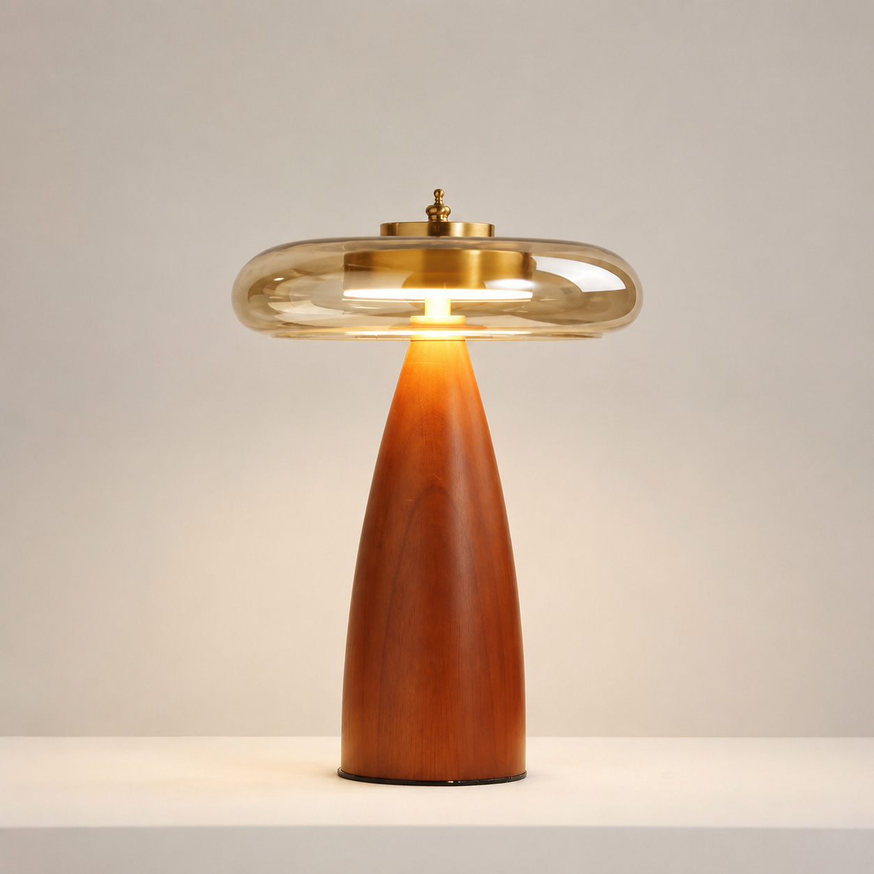 Amber Glass Wood Cone Table Lamp