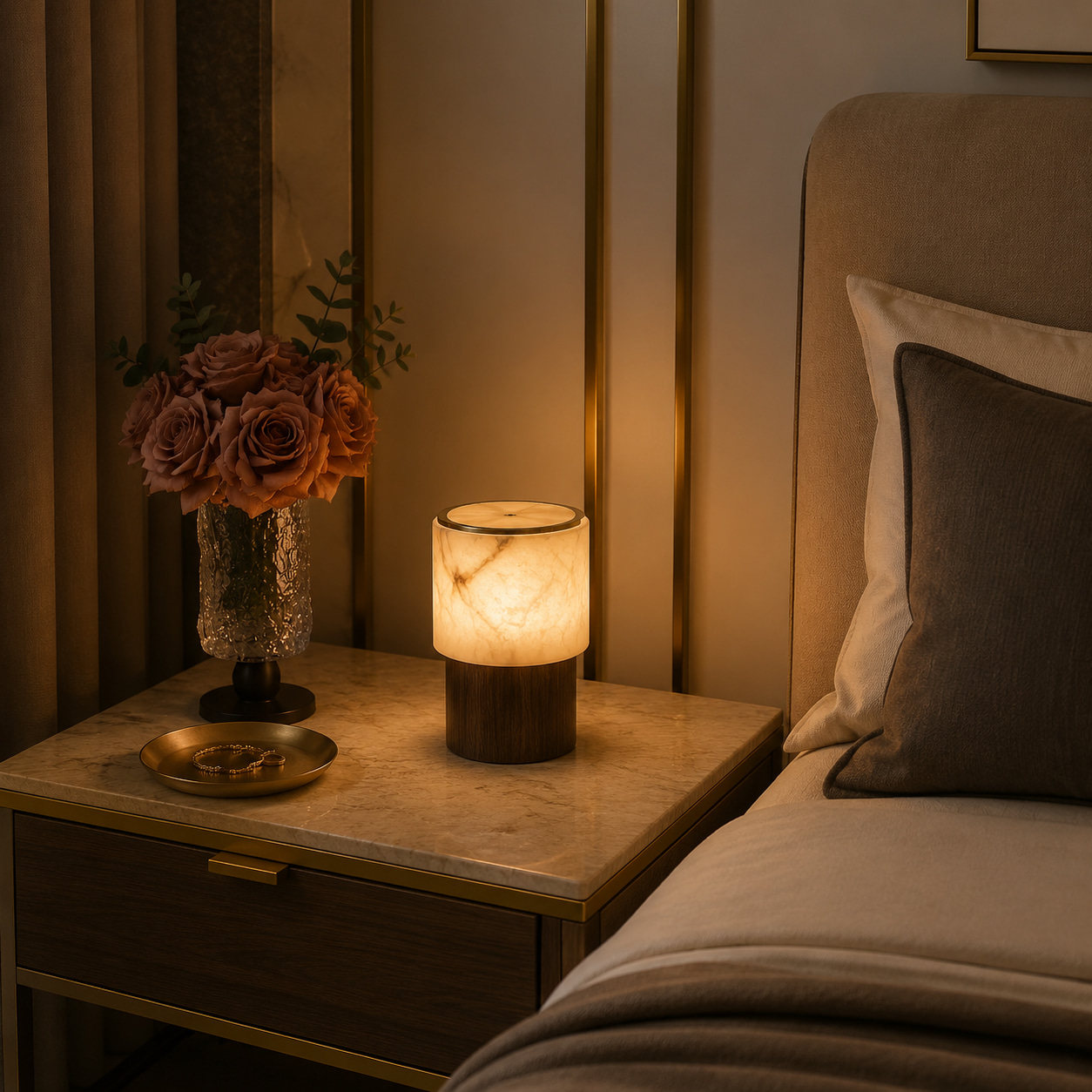 Title: Veined Stone Wood Art Table Lamp