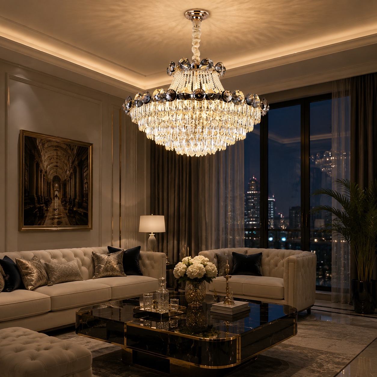 Smoky Trim Two-Tier Crystal Chandelier