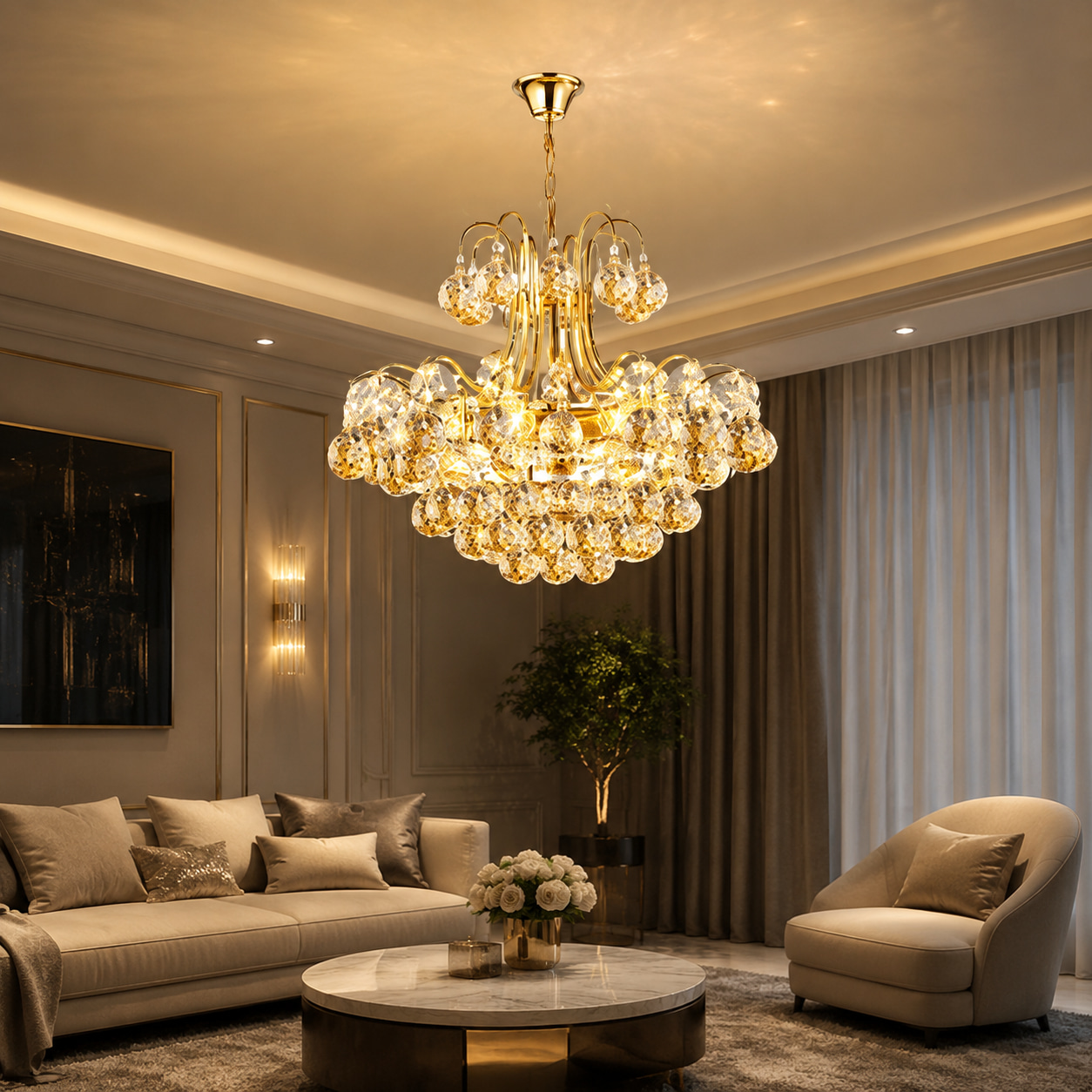 Multi-Layer Golden Ball Crystal Chandelie