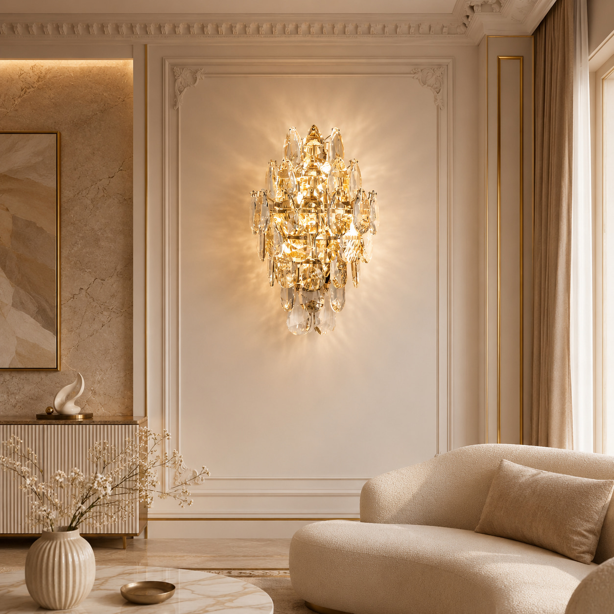 Gilded Crystal Feather Wall Light