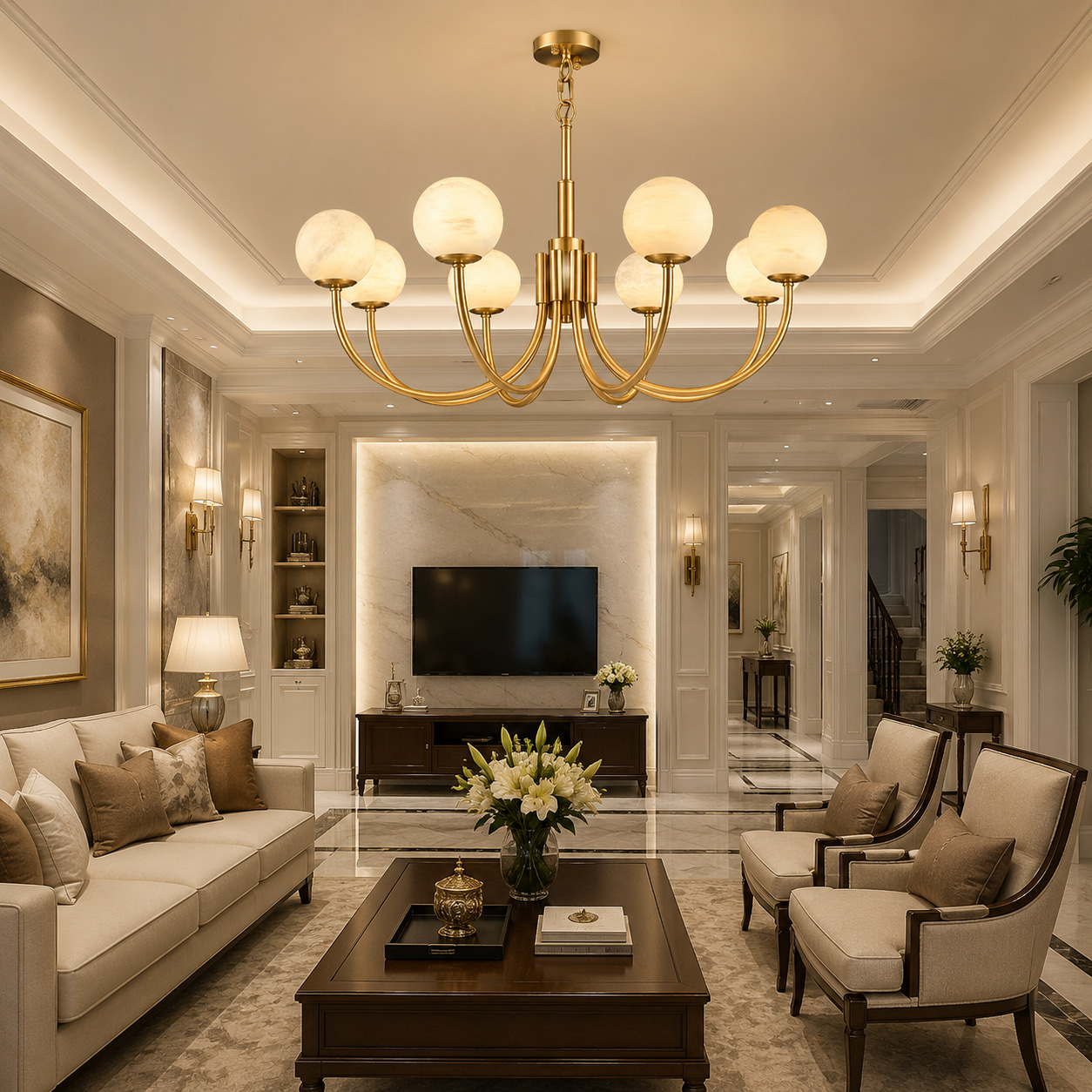Golden Celestial Alabaster Chandelier