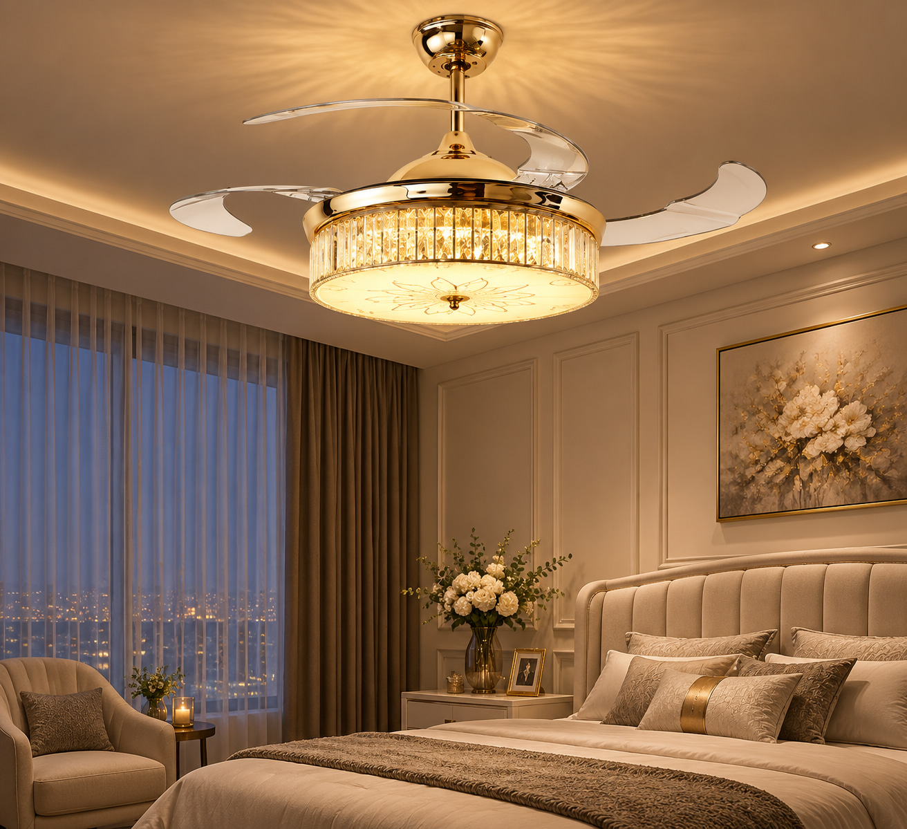 Retractable Blade Crystal Fan Chandelier
