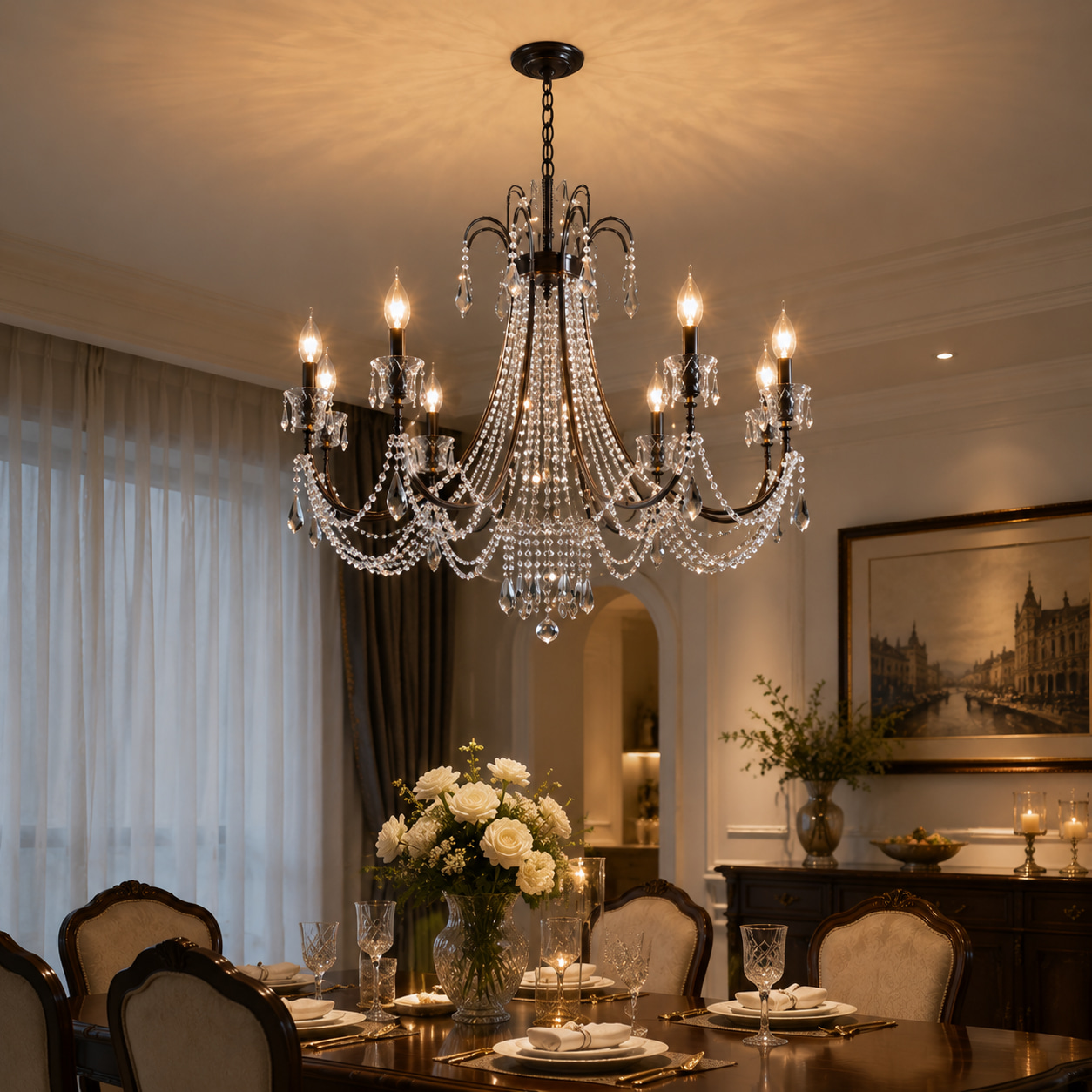 Vintage Curved Arm Beaded Crystal Chandelier