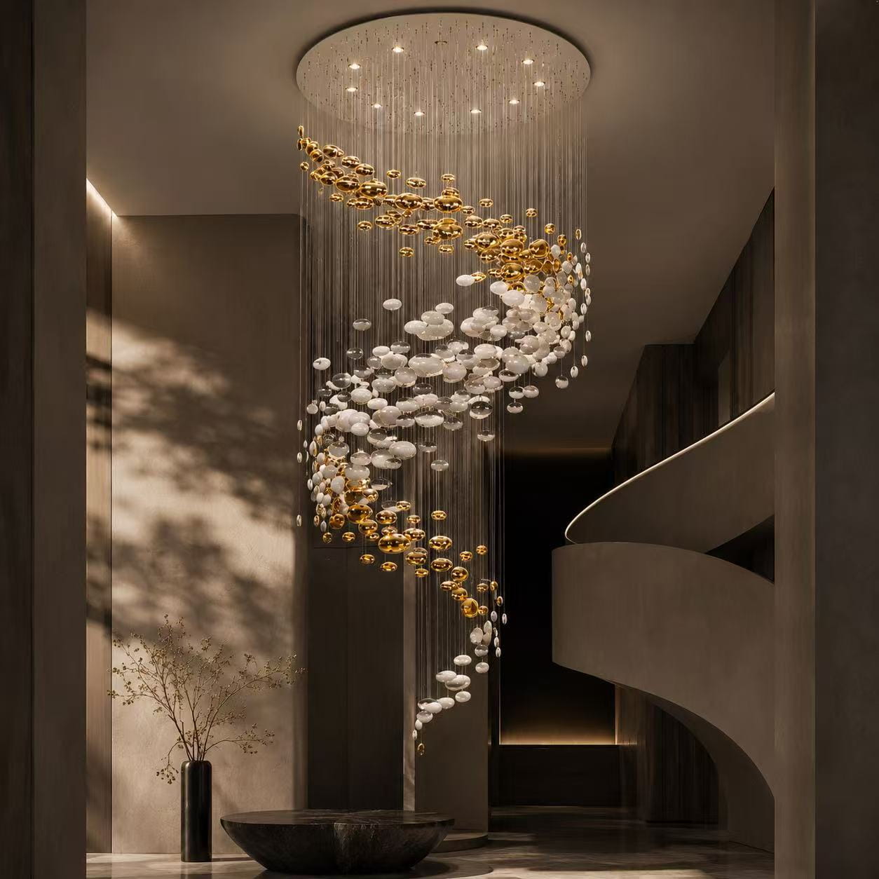 Gold White Bubble Spiral Chandelier