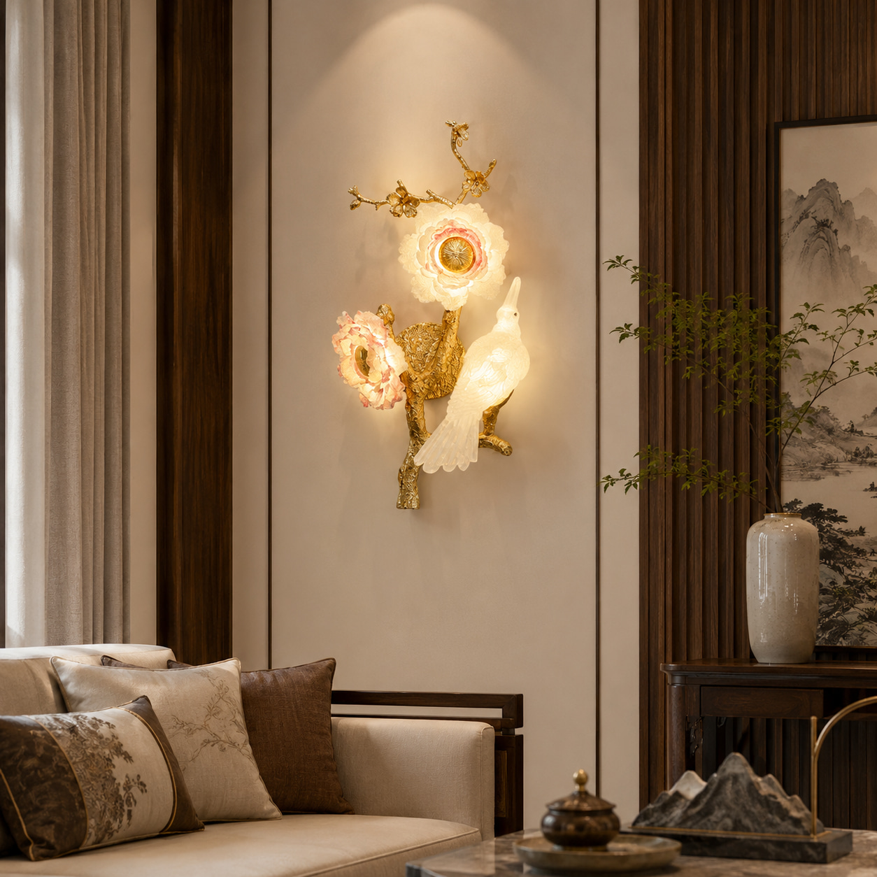 Gilded Bird and Blossom Glass Wall Light