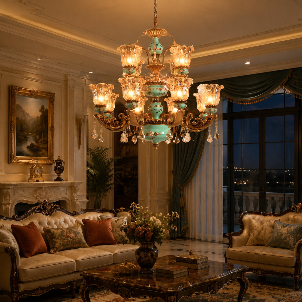 Cyan Glaze Ceramic Double Crystal Chandelier