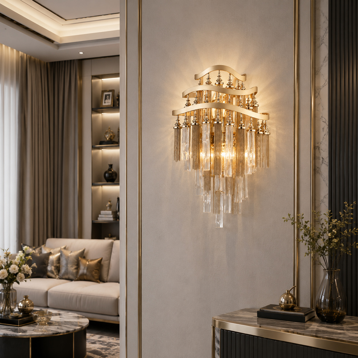 Gilded Wave Crystal Tassel Wall Light