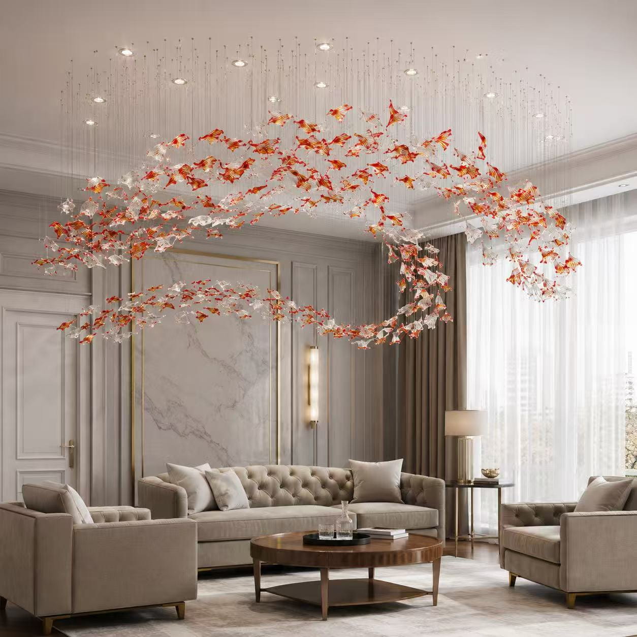 Crimson Feather Cloud Chandelier