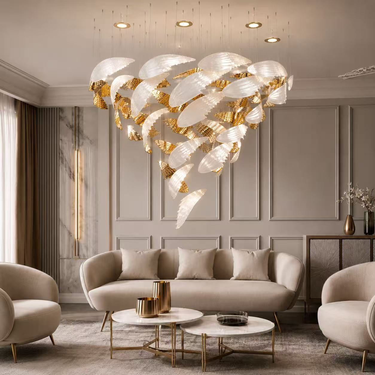 Gilded Feather Spiral Chandelier
