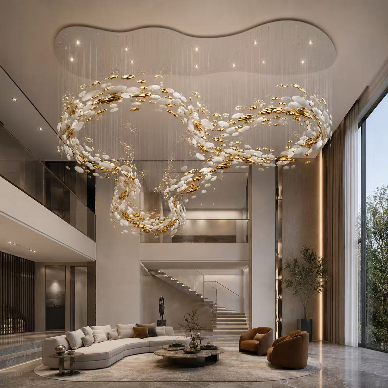 White Gold Disc Wave Chandelier