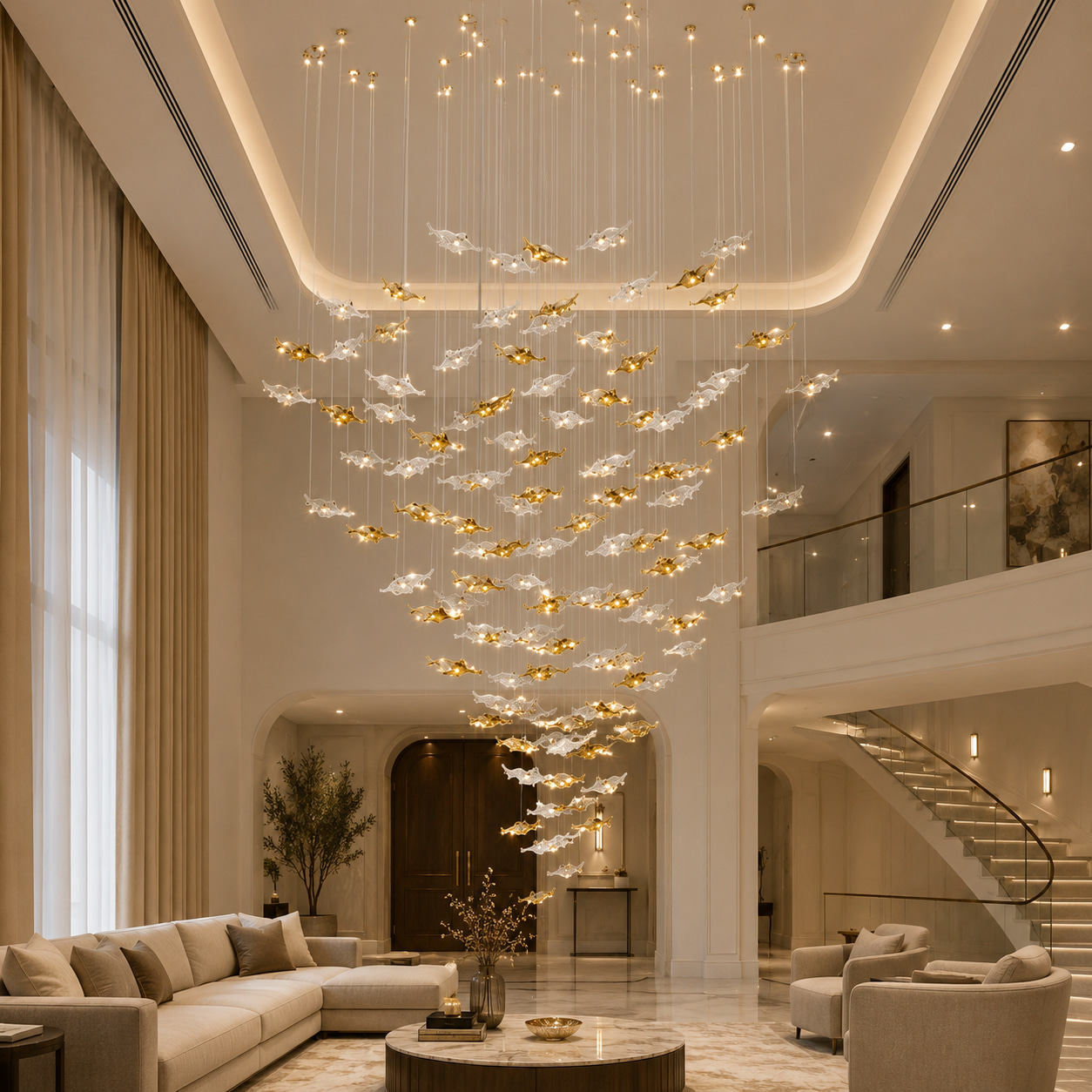 Gold White Glass Fish Chandelier