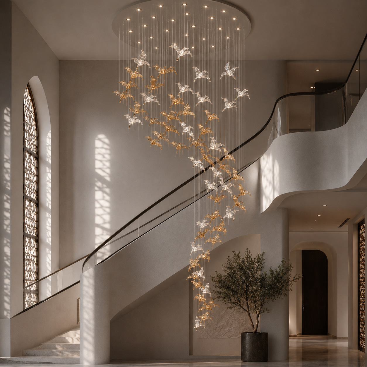 Gold White Glass Bird Chandelier
