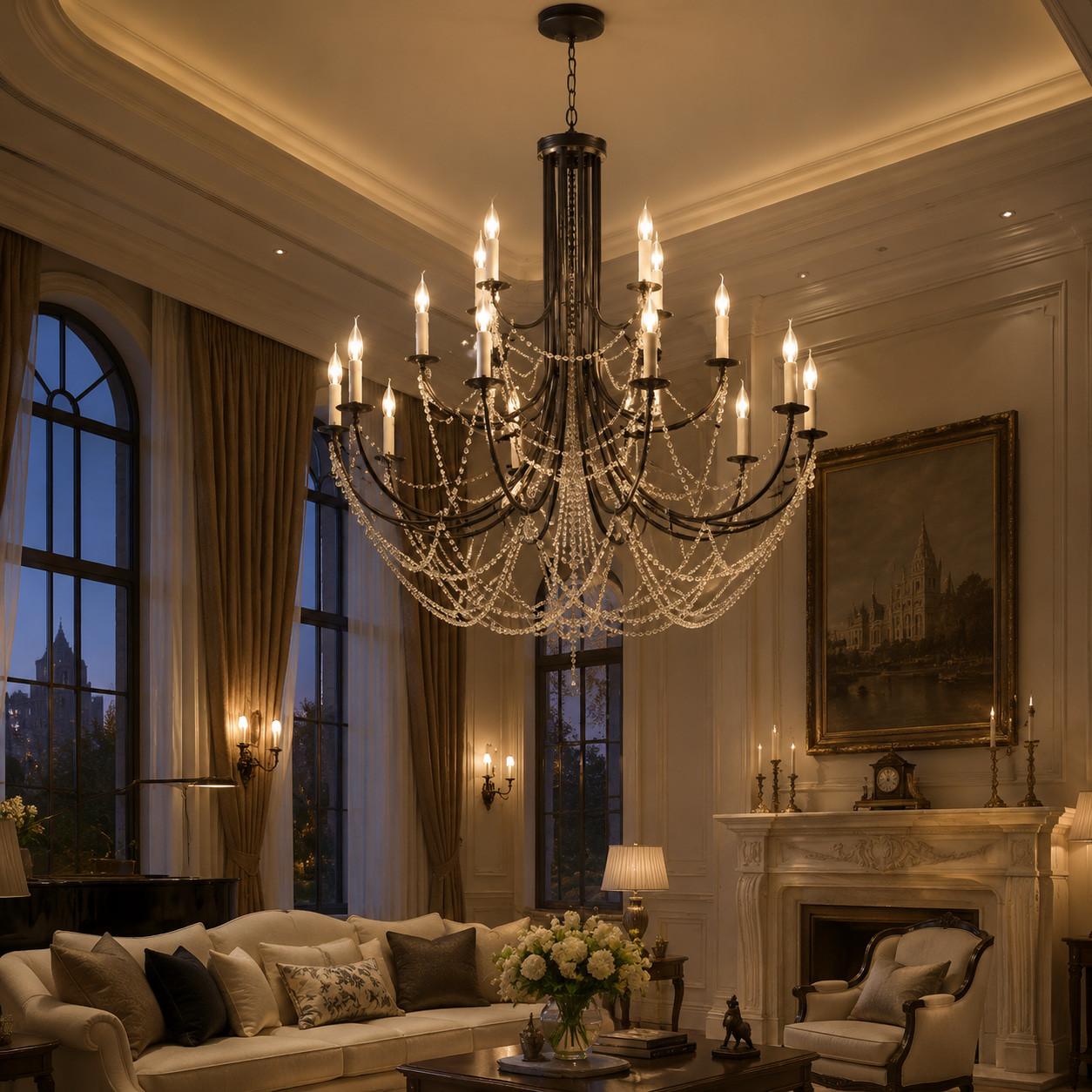 Matte Black Iron Beaded Candle Crystal Chandelier