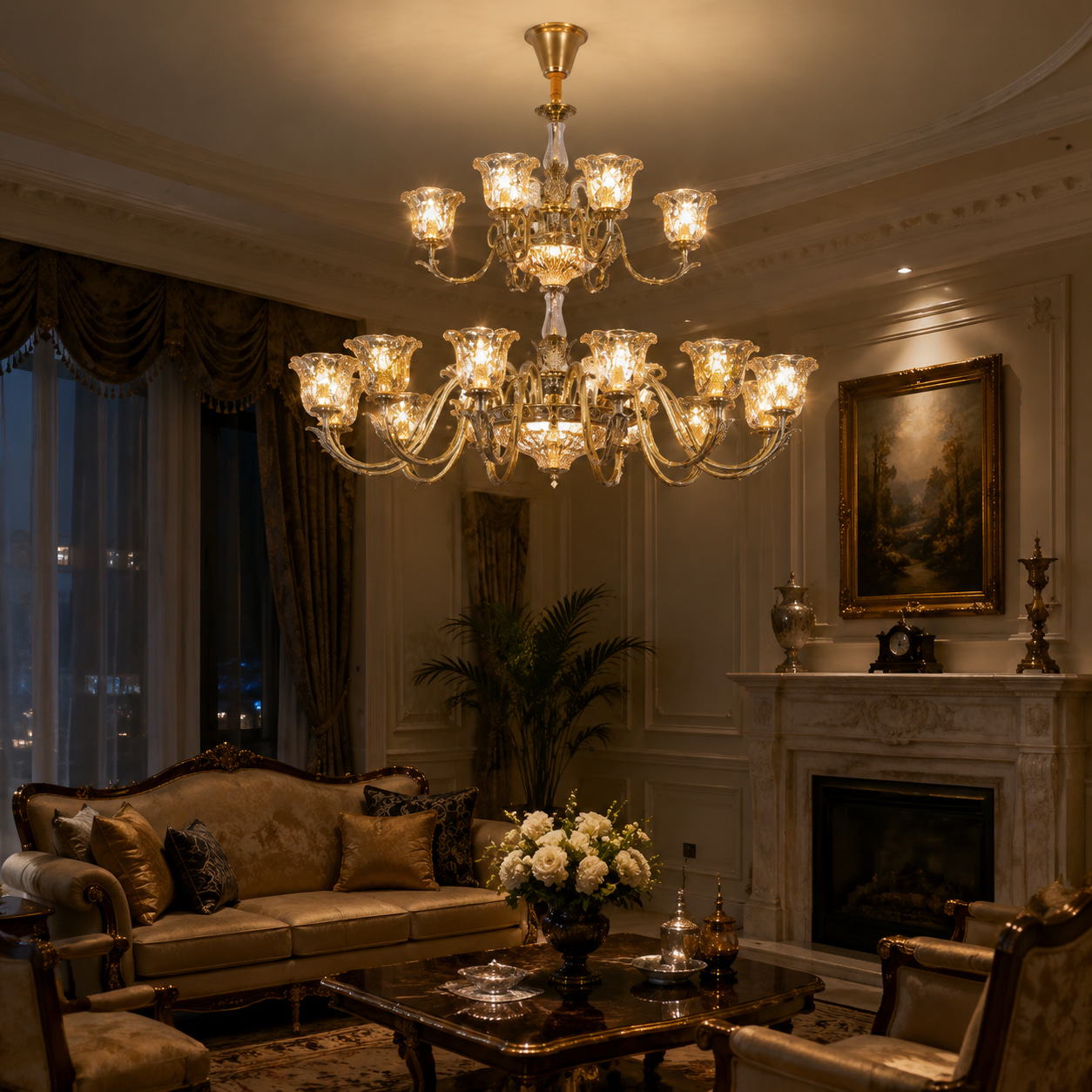 Double Curved Arm Floral Cup Crystal Chandelier
