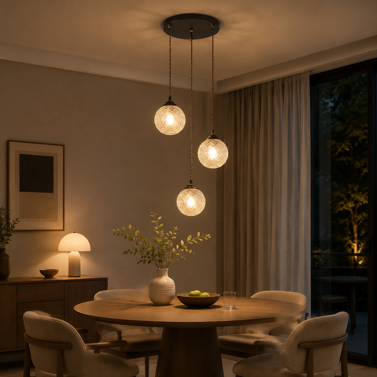Diamond Grid Glass Sphere 3-Light Dining Pendant