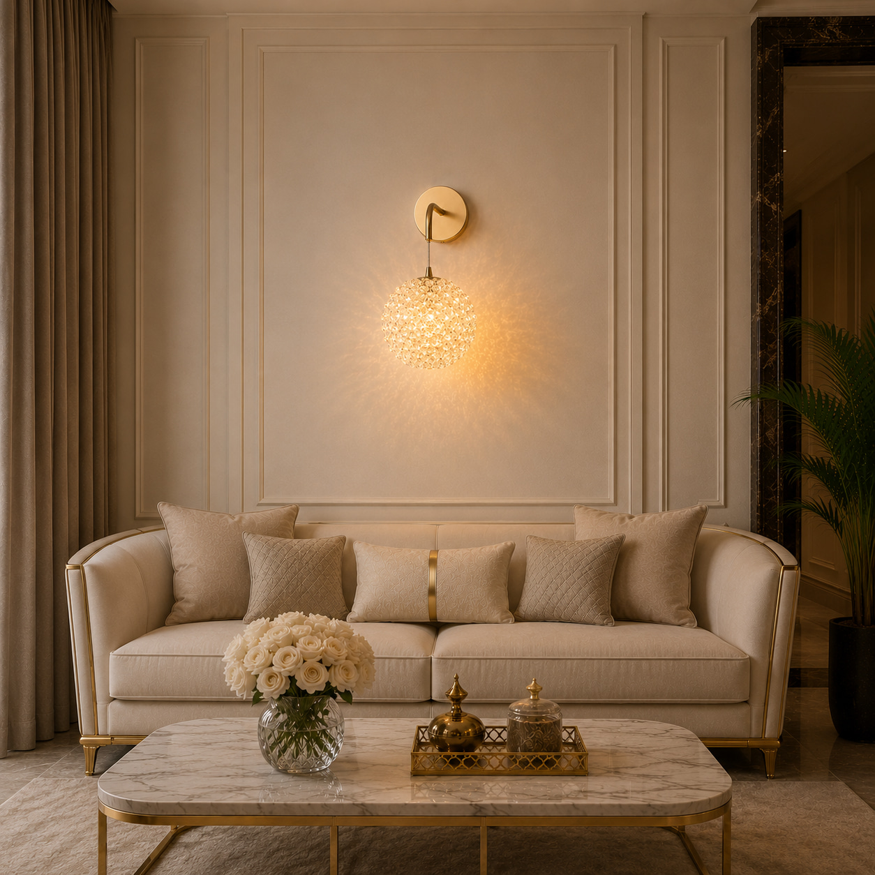 Gilded Crystal Globe Three-Tone Wall Light