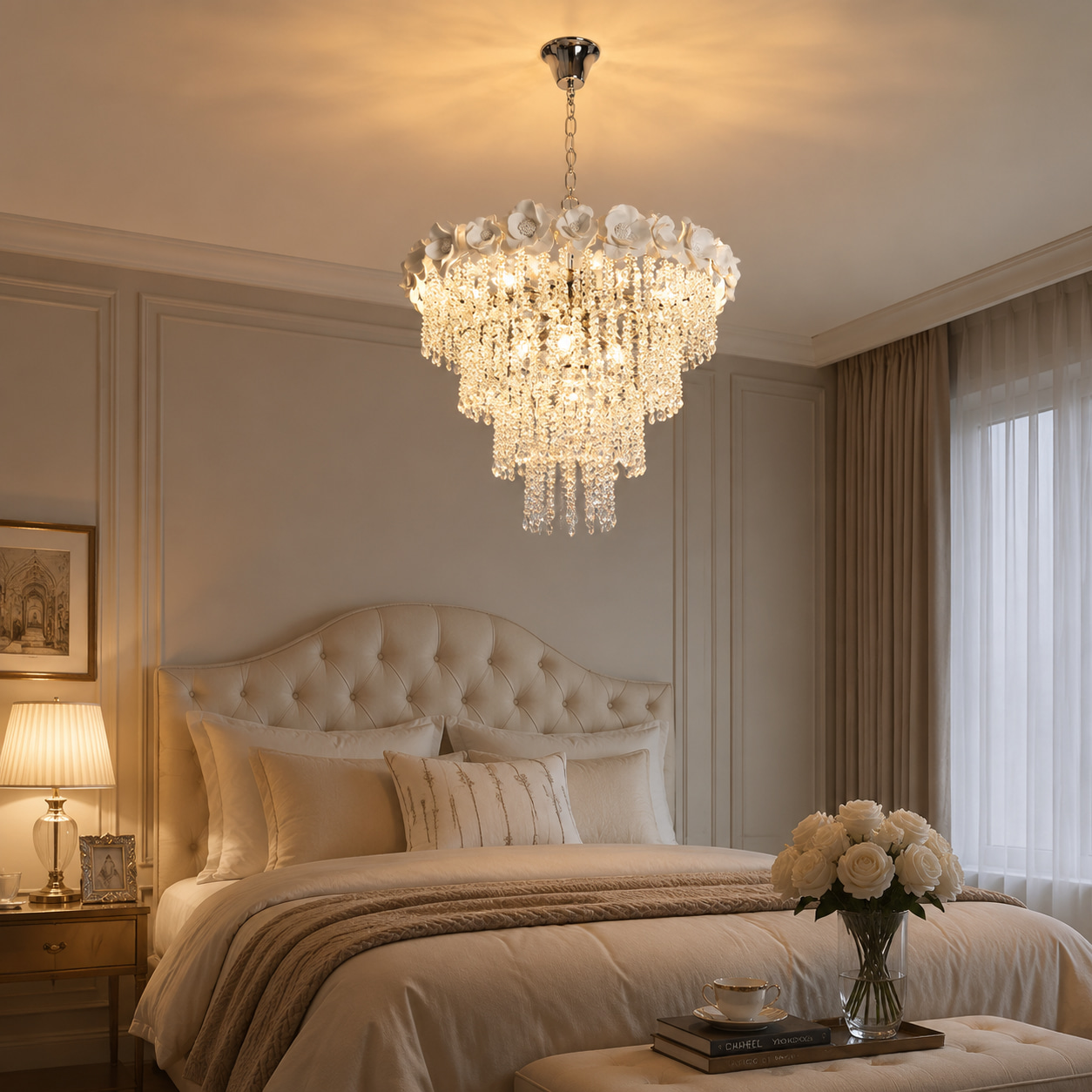 White Ceramic Flower Multi-Tier Crystal Chandelier