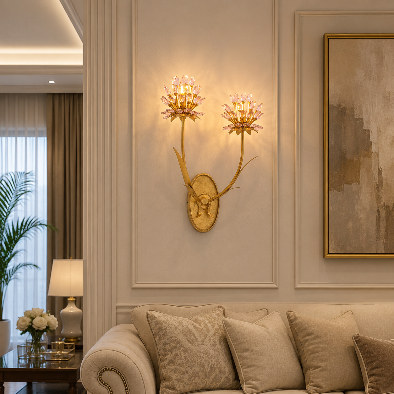 Gilded Twin Blossom Crystal Wall Light