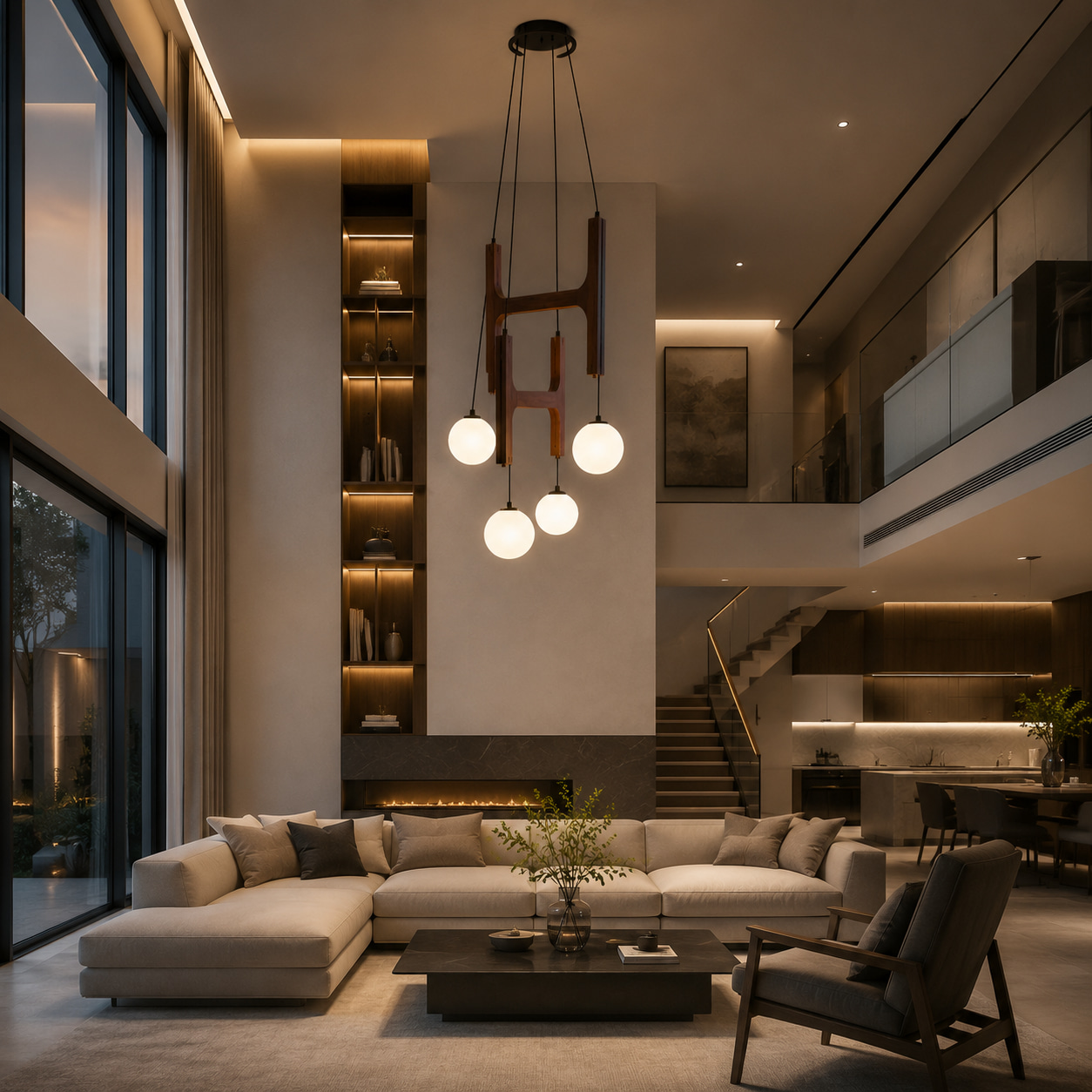 Double Wood Frame Milky Glass Ball Dining Pendant