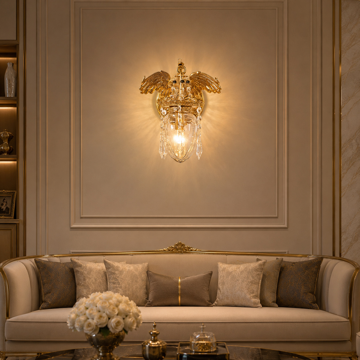 Gilded Eagle Wing Crystal Wall Lantern