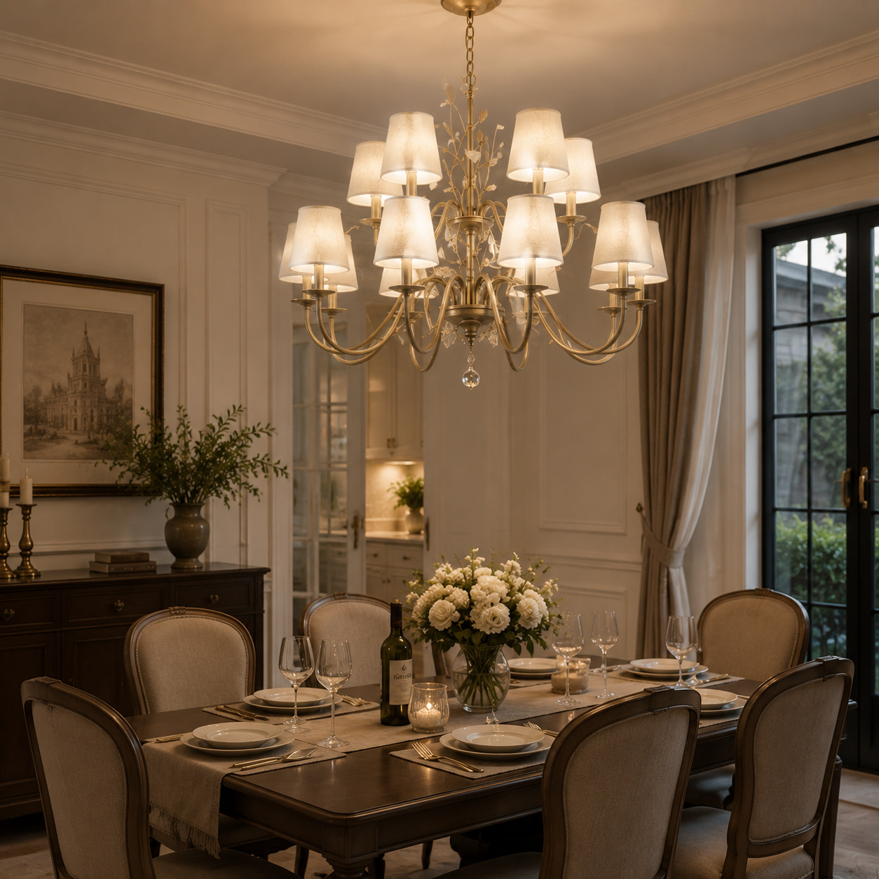 Fabric Shade Golden Leaf Chandelier