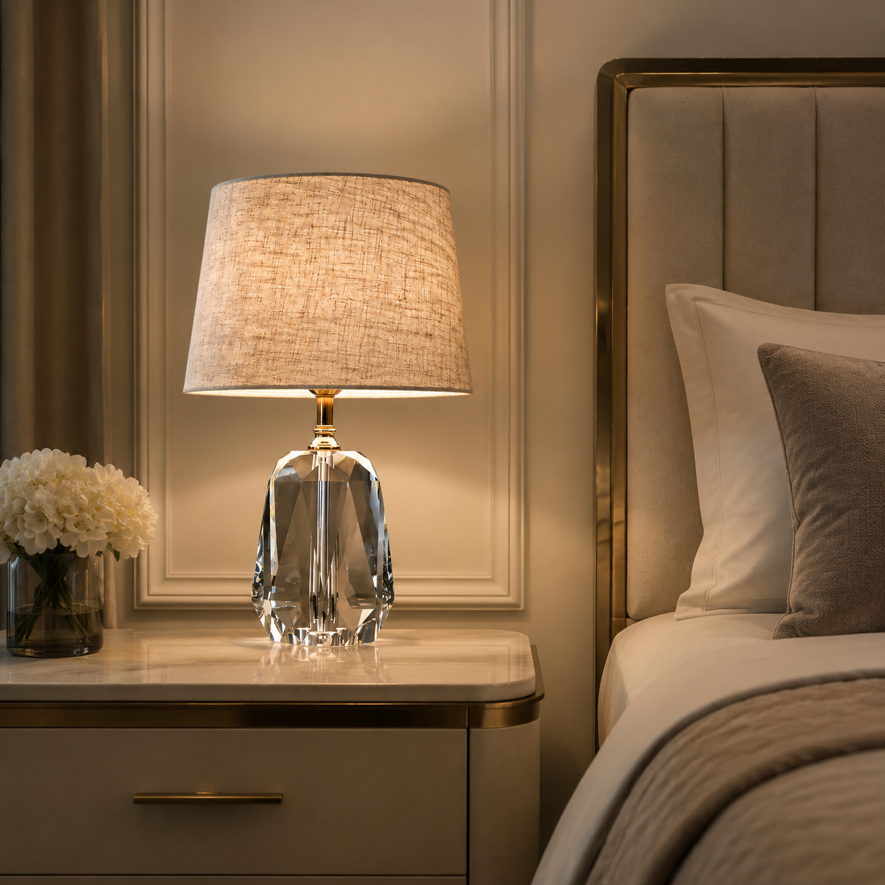 Faceted Crystal Linen Table Lamp