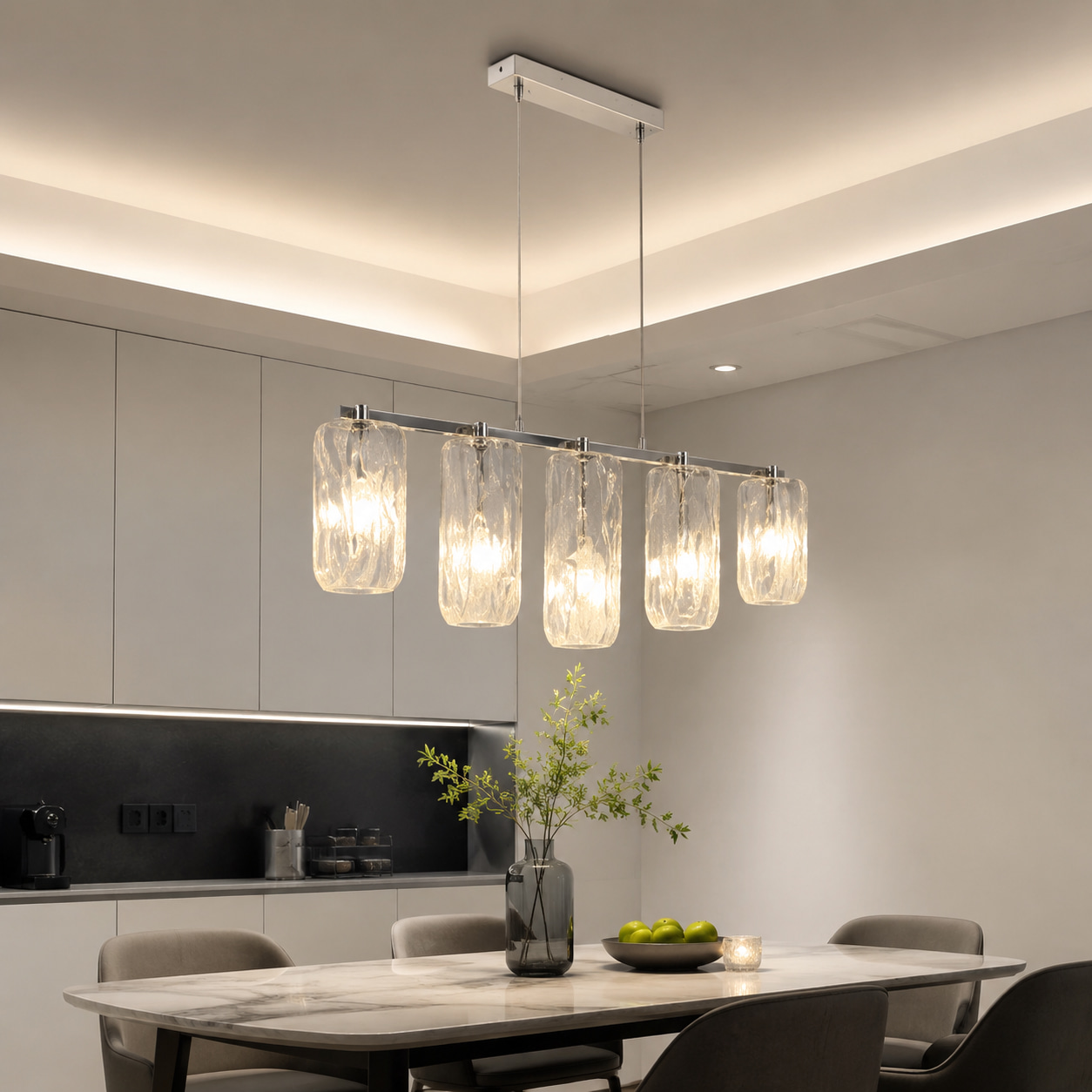 Water Ripple Cylinder Glass 5-Light Linear Dining Pendant