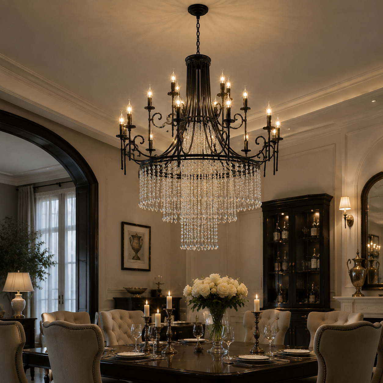 Vintage Black Iron Tassel Crystal Chandelier
