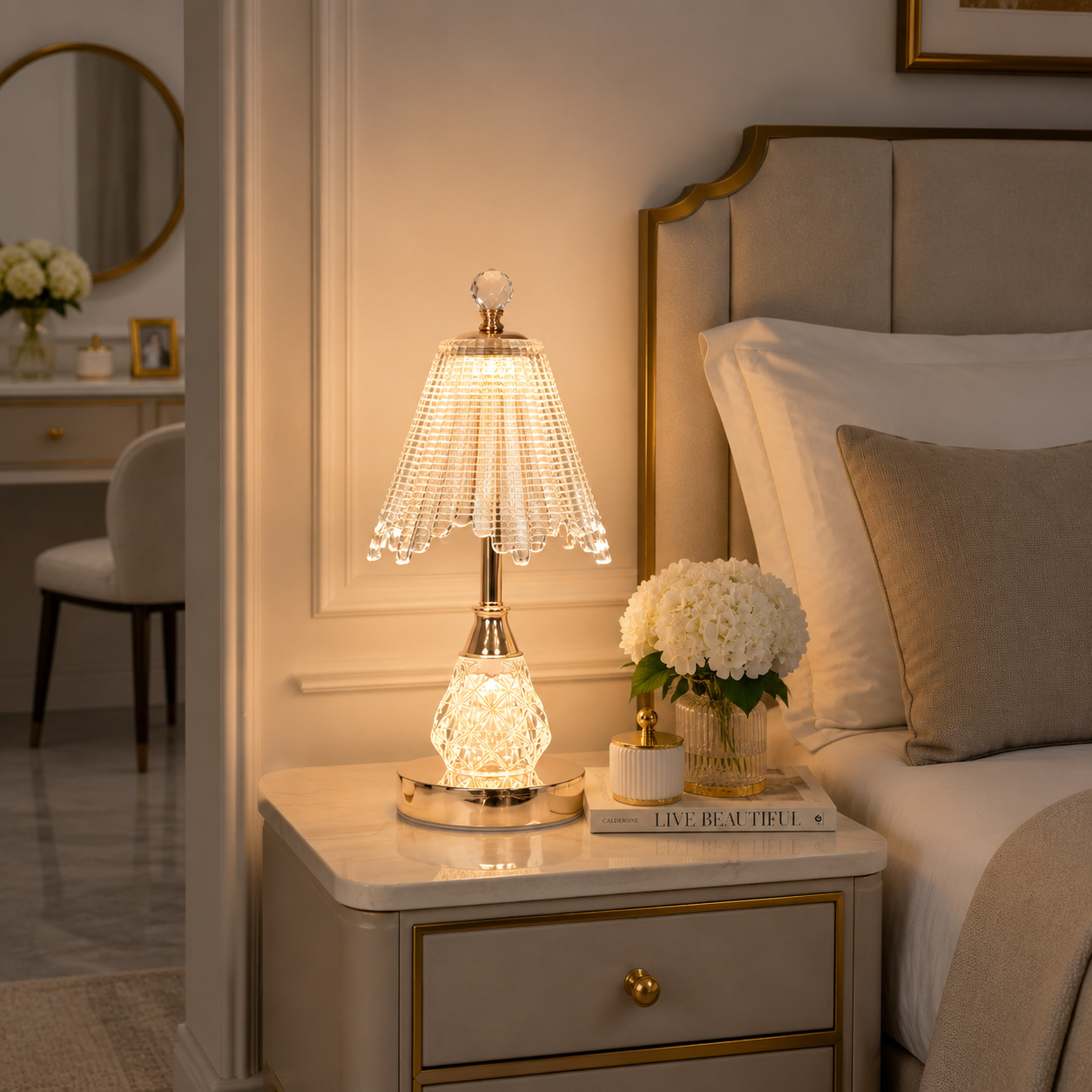 French Crystal Pleated Dual-Light Table Lamp