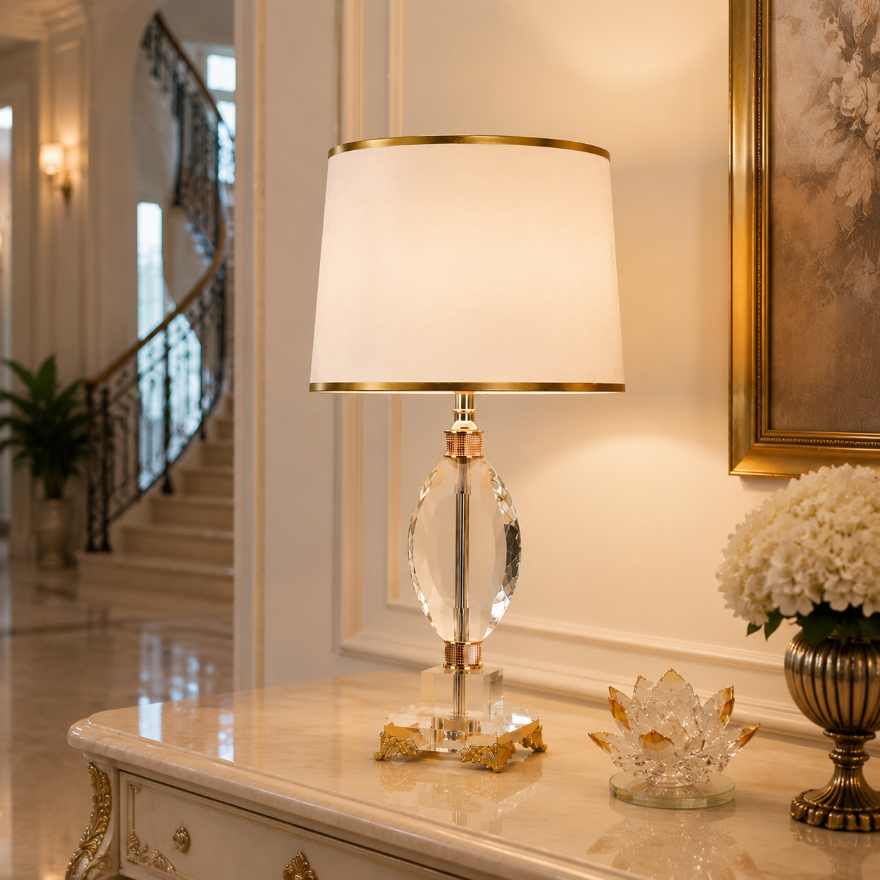 Gilded Oval Crystal Table Lamp