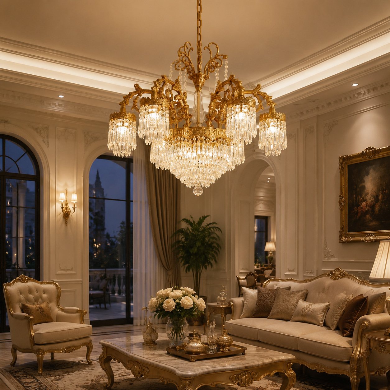 French Gilded Carved Crystal Chandelier