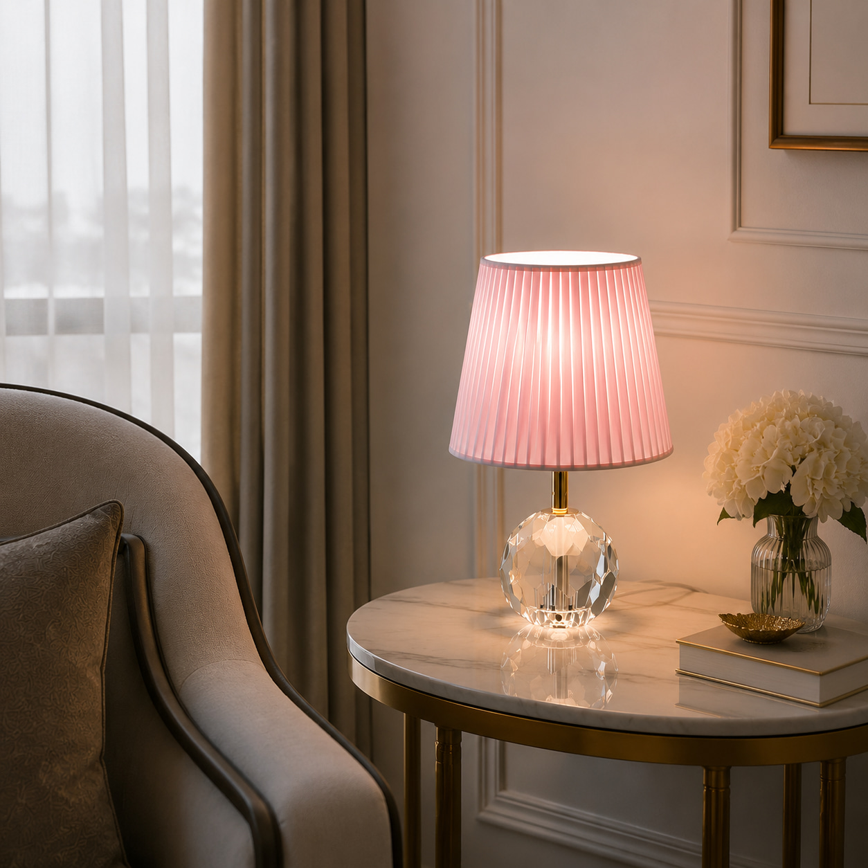 Blush Pleated Crystal Table Lamp