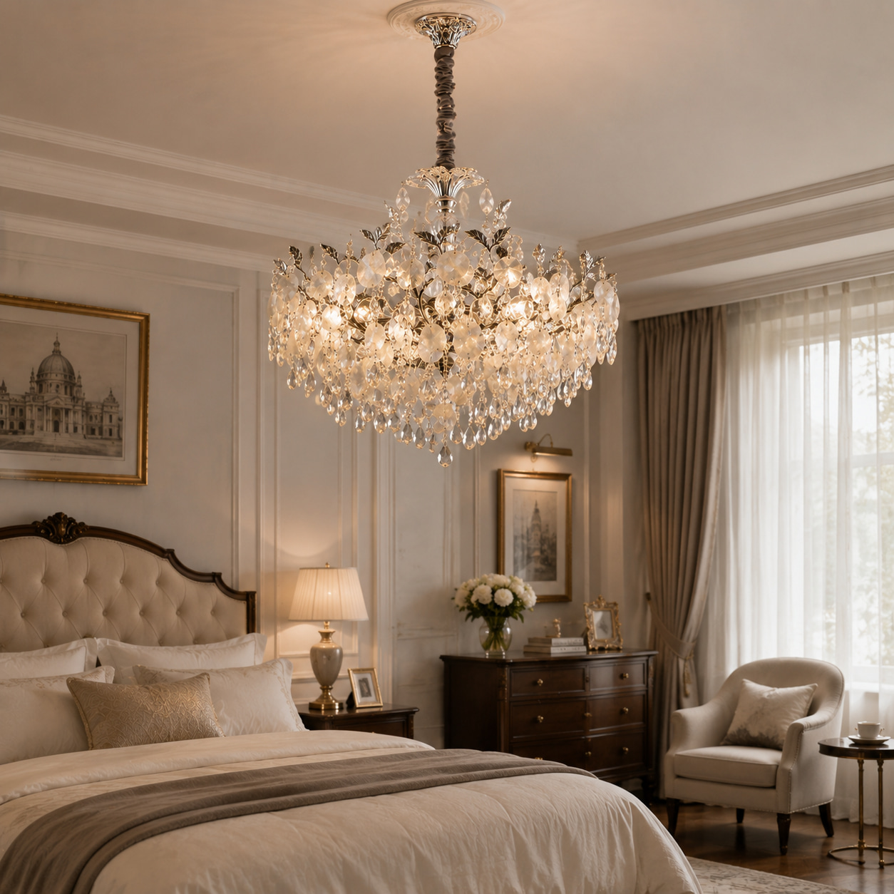 Silver Leaf Multi-Layer Round Crystal Chandelier