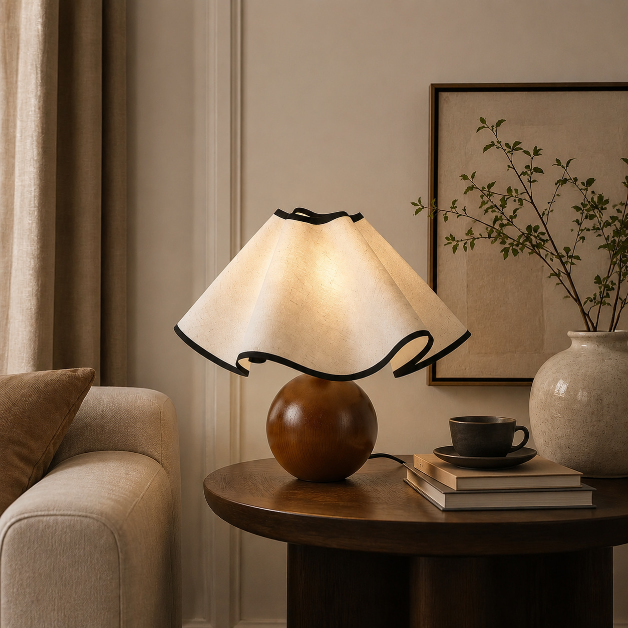 Round Wood Floral Shade Table Lamp