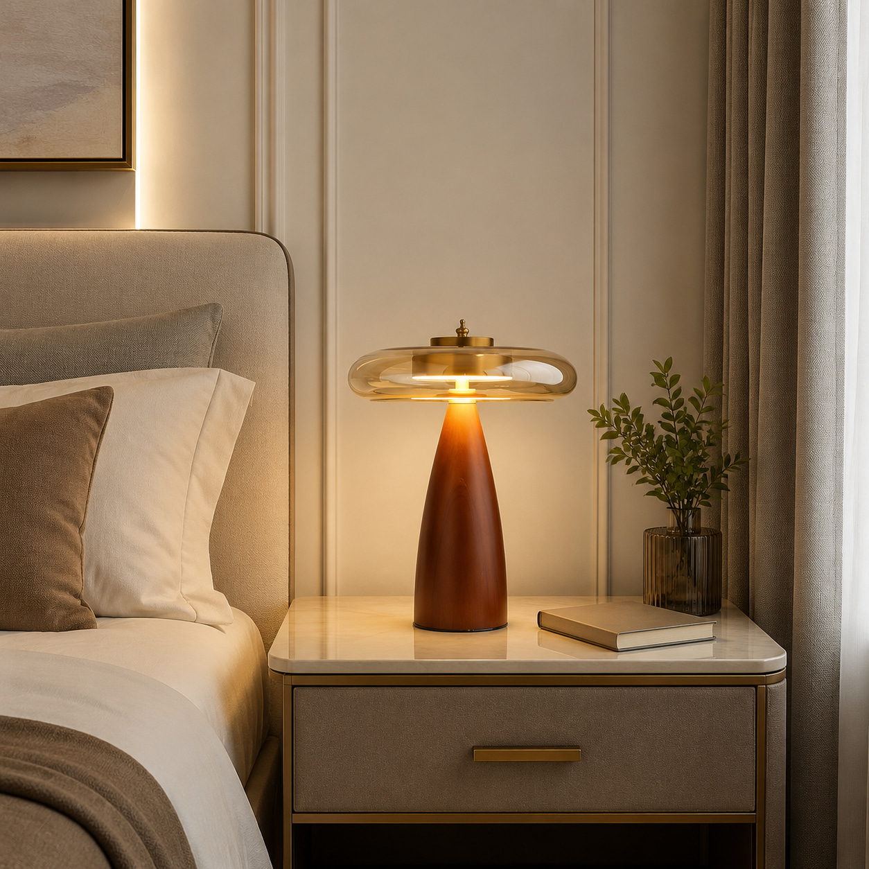 Amber Glass Wood Cone Table Lamp