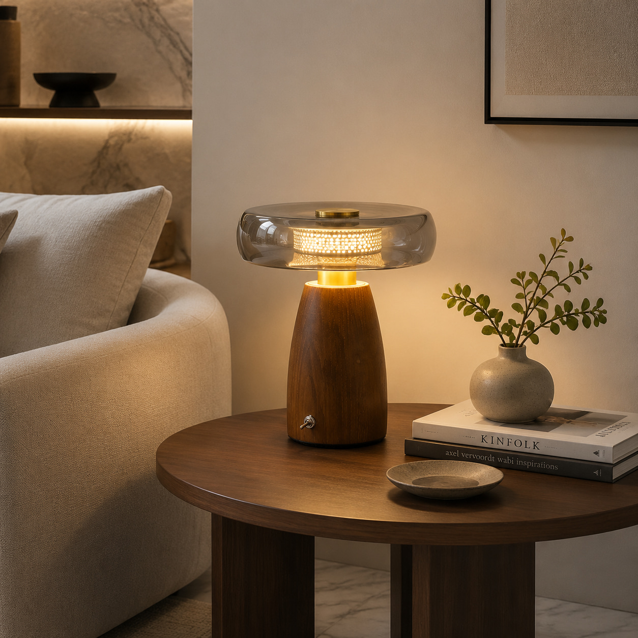 Smoked Glass Wood Table Lamp