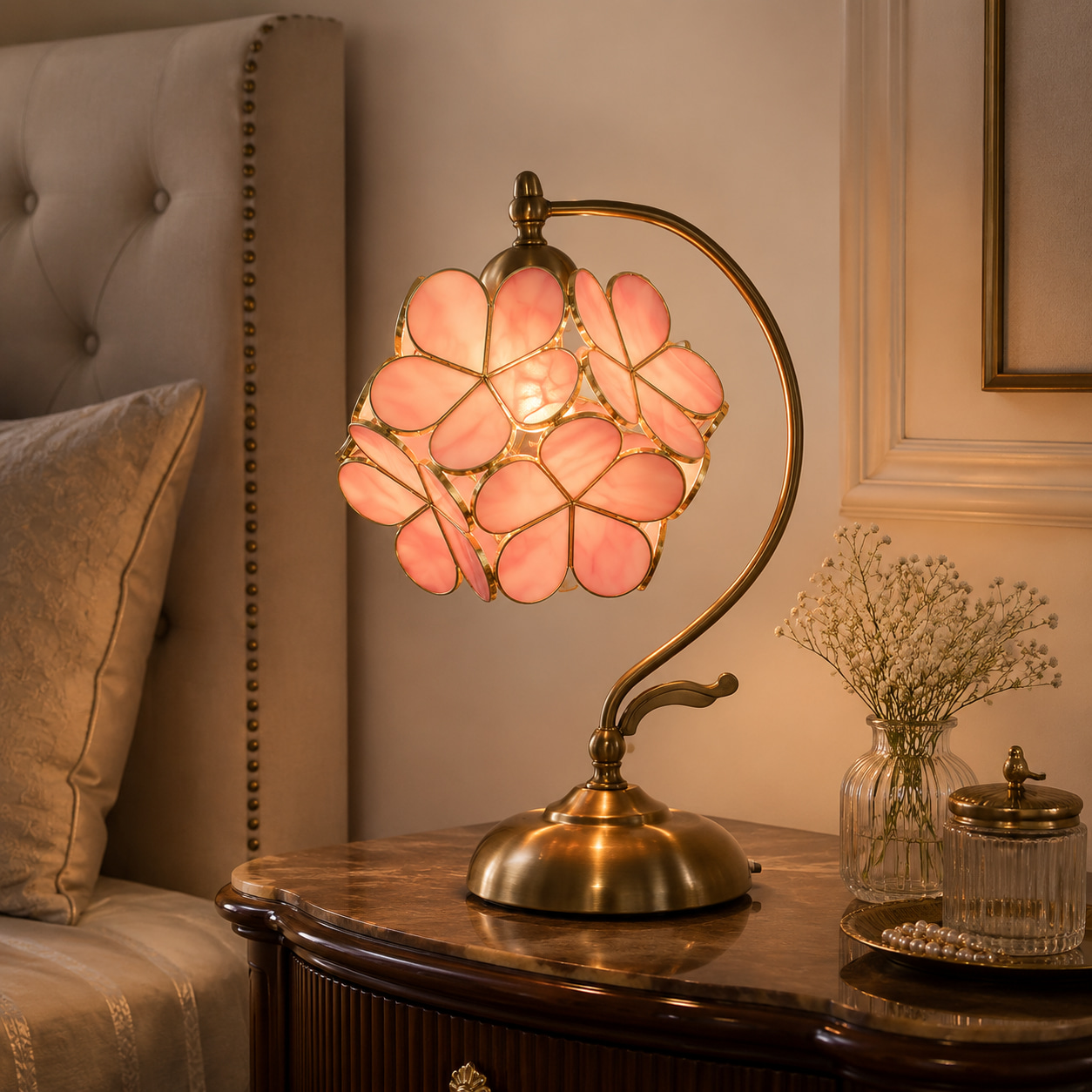 Blush Petal Table Lamp with Golden Stem
