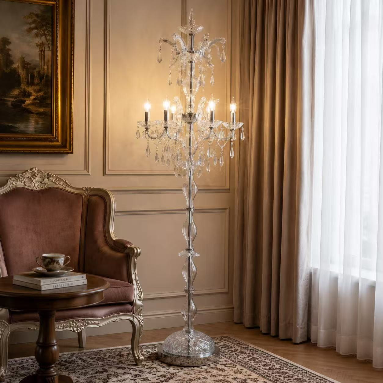 Double Tier Candelabra Crystal Floor Lamp