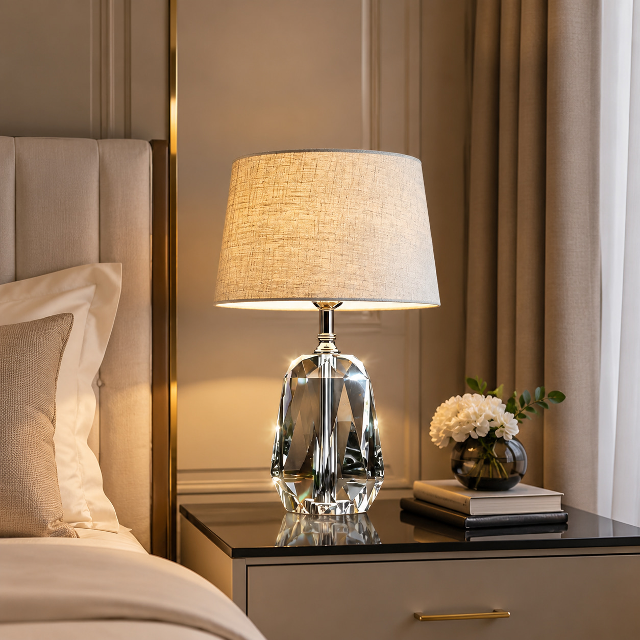 Faceted Crystal Linen Table Lamp