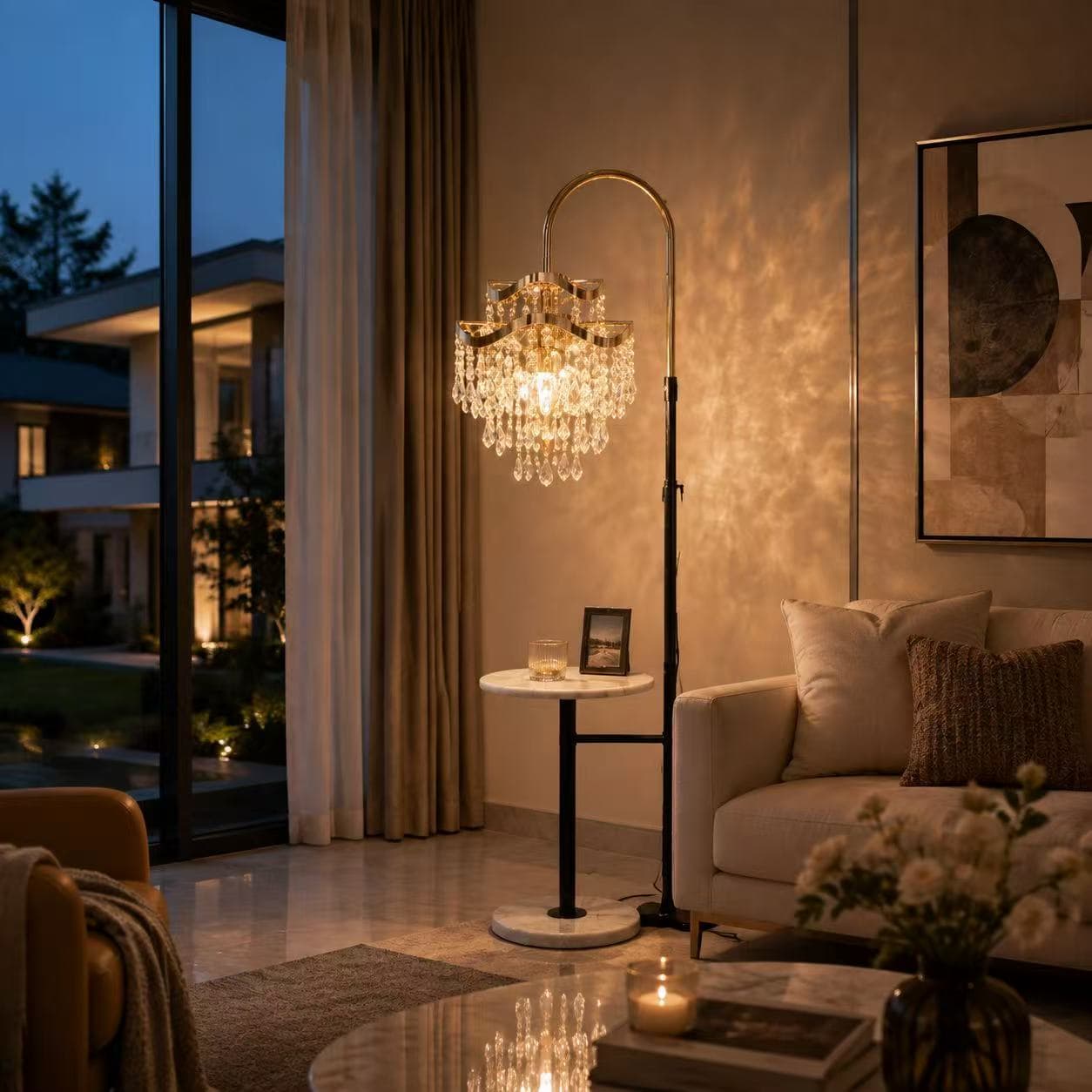 Curved Crystal Floor Lamp with Side Table