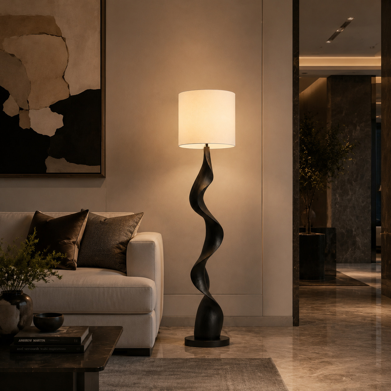 Black Twisted Wood Floor Lamp