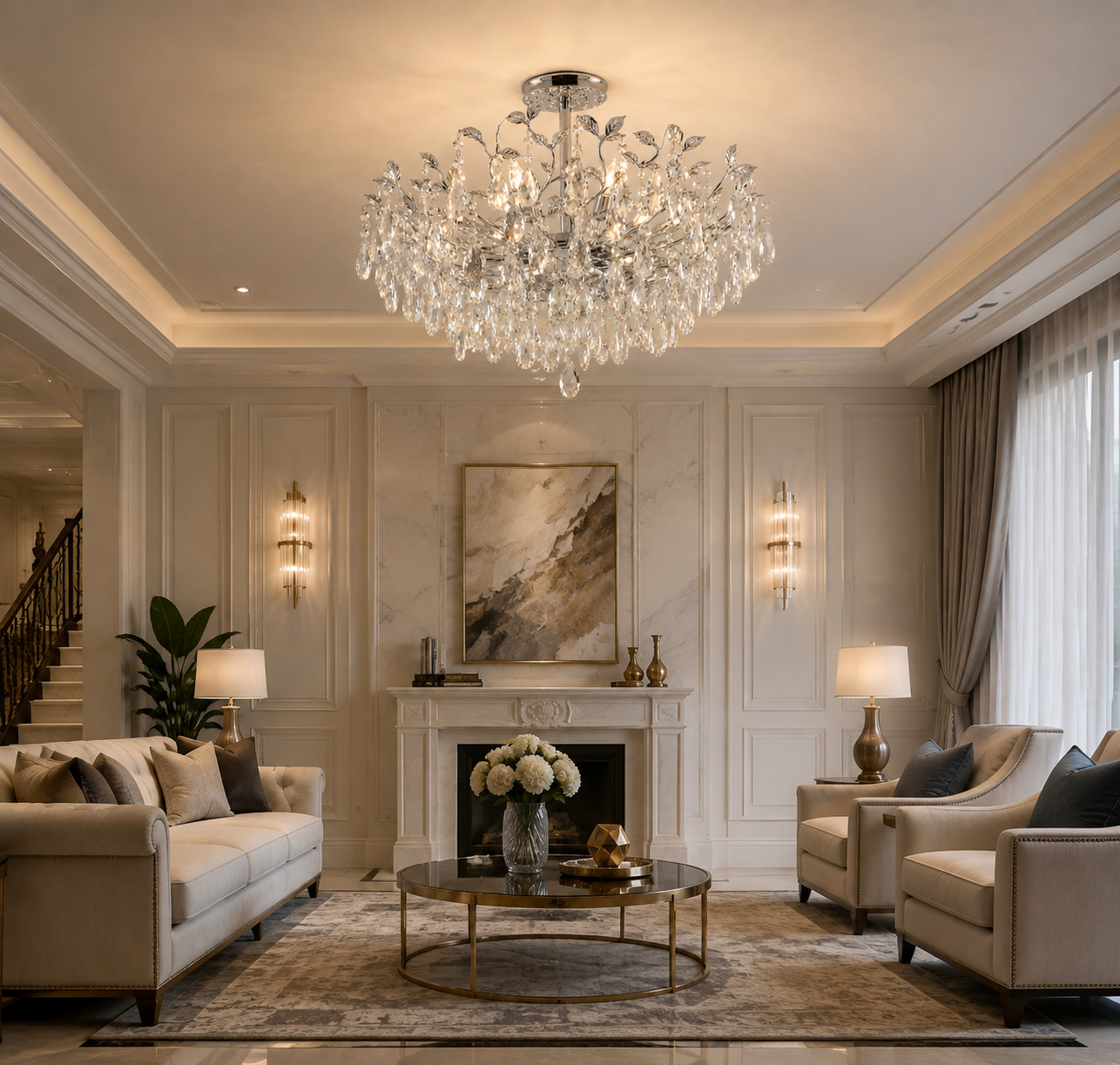 Silver Leaf Crystal Ceiling Chandelier